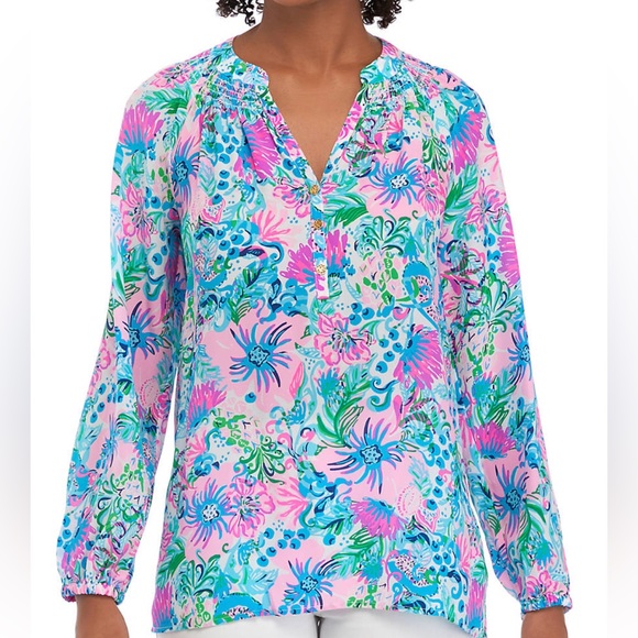 🌸 SALE 🌸 Lilly Pulitzer Elsa Silk Top in Mandevilla Baby Paradise Petals Print - Picture 5 of 8
